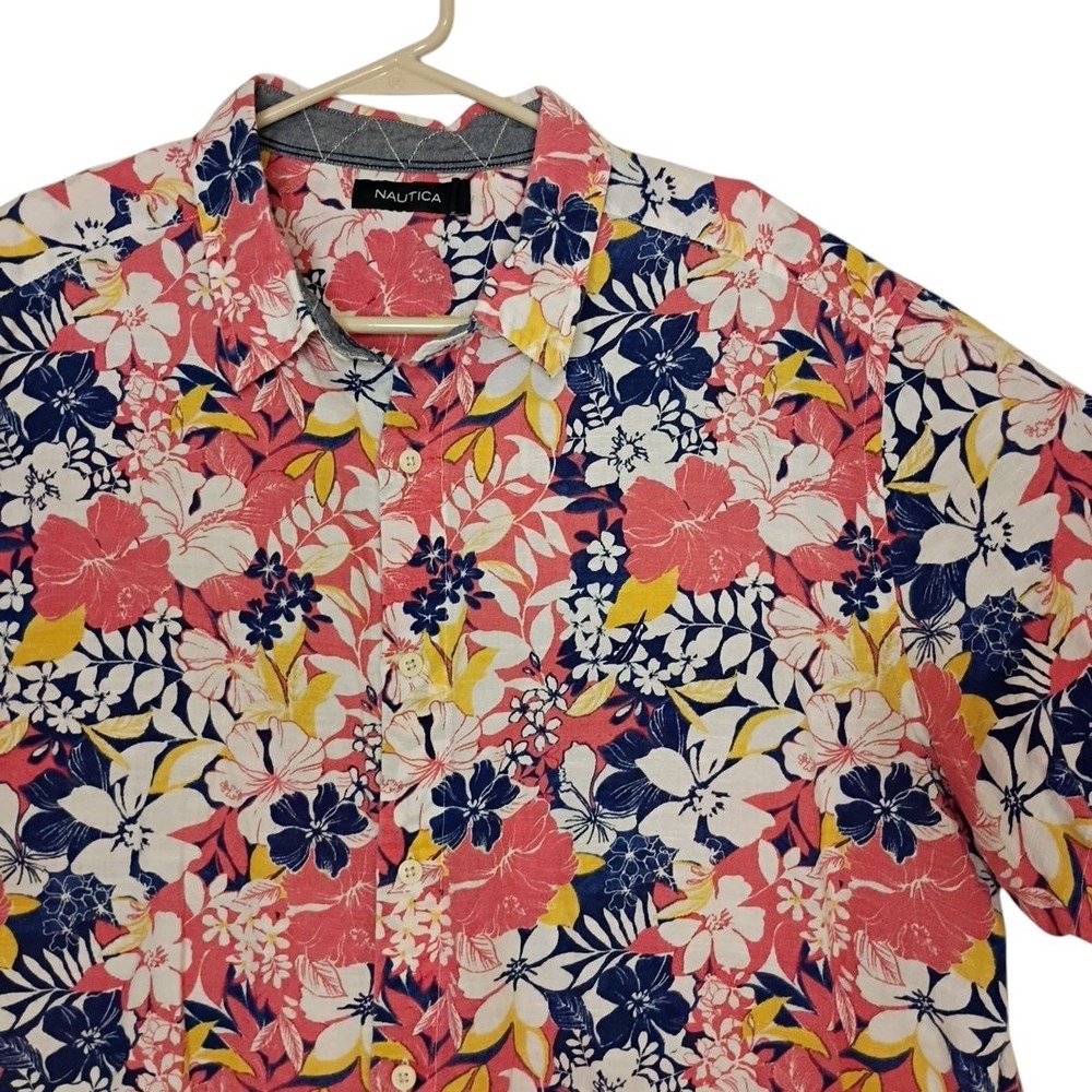 Nautica Shirt‎ Mens XL Floral Linen Blend Hawaiian Aloha Tropical Beach Resort
